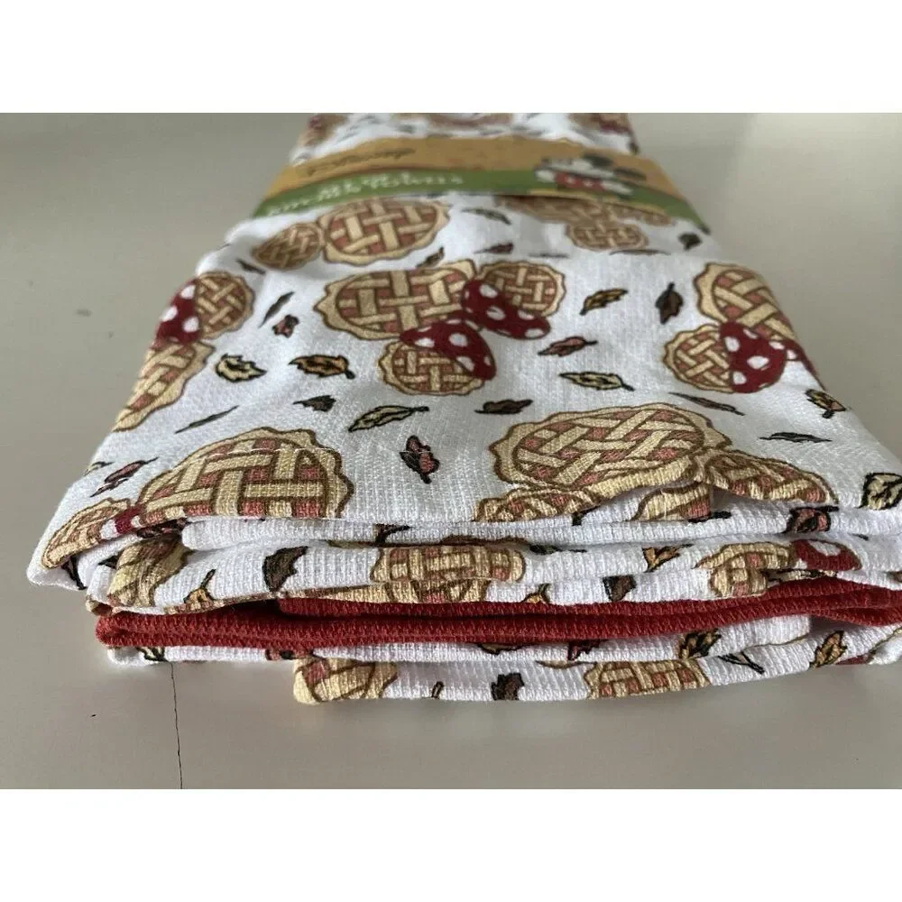3 Pack Disney Mickey Minnie Mouse Autumn Fall Pie Leaves Kitchen Towels 16 X 26”